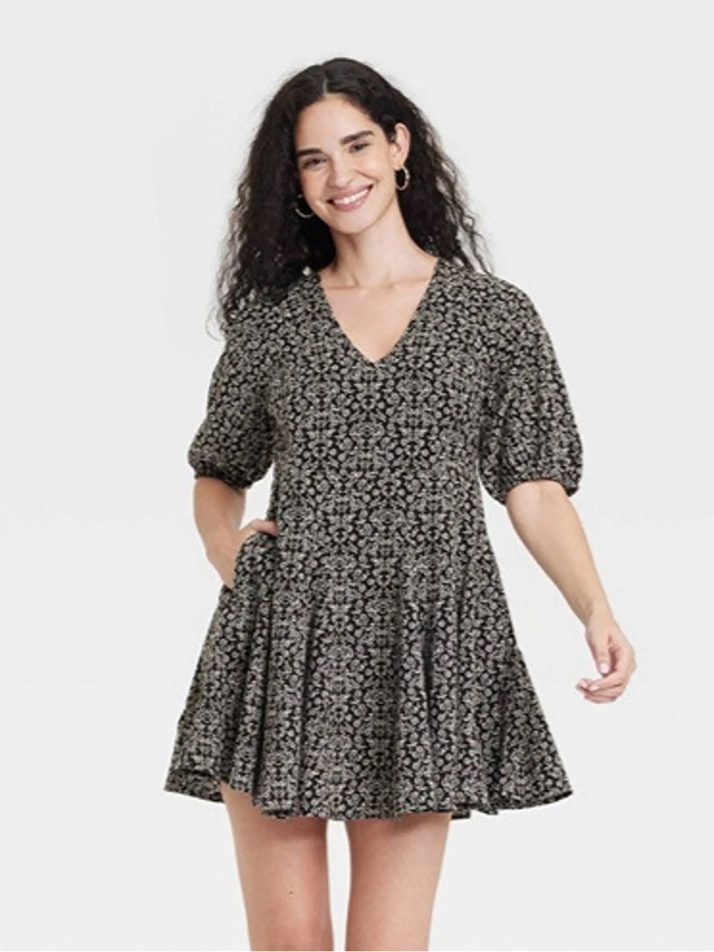 Universal Thread Black Mini Dress with Cream Floral Print